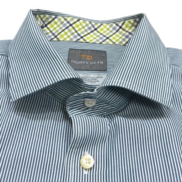Thomas Dean Blue White Thin Stripe Pima Cotton Flip Cuff LS Shirt - Picture 3 of 9